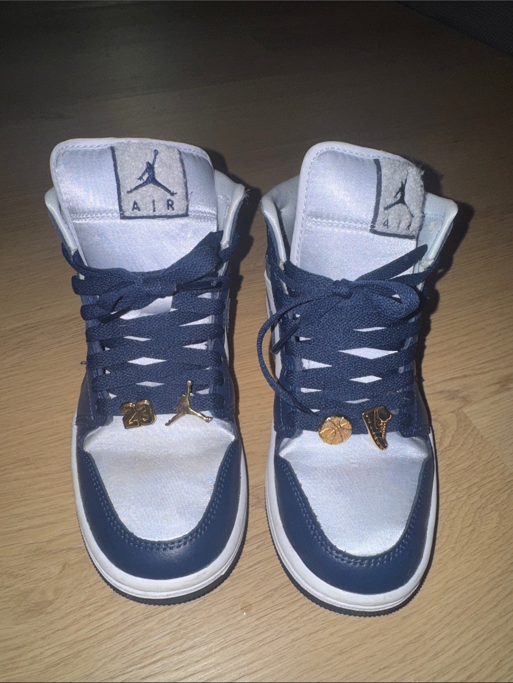 Jordan Kids Navy and White High-Top Sneakers with Gold Lace Charms